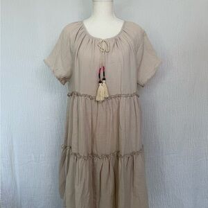 Chic Beige Tiered Midi Dress with Tassel